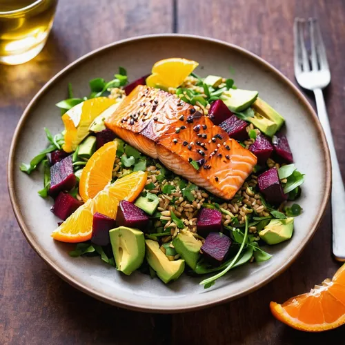 Super healthy foods like freekeh, beets, oranges, and avocado are just part of what make this nutritious 30 minute Sweet Chili Miso Salmon Salad a dinner win any night of the week!,salmon fillet,healt