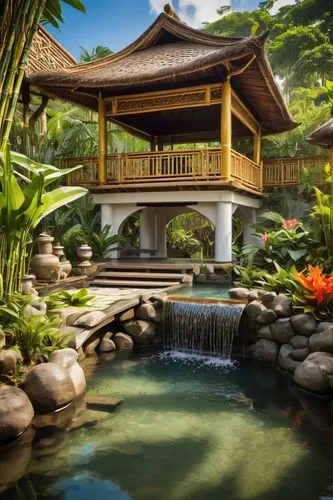 Bali-inspired bamboo architecture, tropical island, lush greenery, intricately woven bamboo roof, natural wooden pillars, open-air pavilion, serene water feature, koi fish swimming, gentle waterfall, 