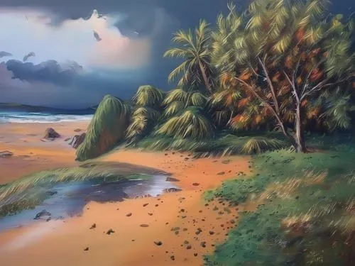 beach landscape,coastal landscape,an island far away landscape,beach scenery,sea landscape,kauai,landscape with sea,sand coast,tropical beach,landscape background,mountain beach,sunrise beach,palm pasture,black beach,tropical sea,sunset beach,small landscape,oil painting,seascape,molokai,Illustration,Paper based,Paper Based 04