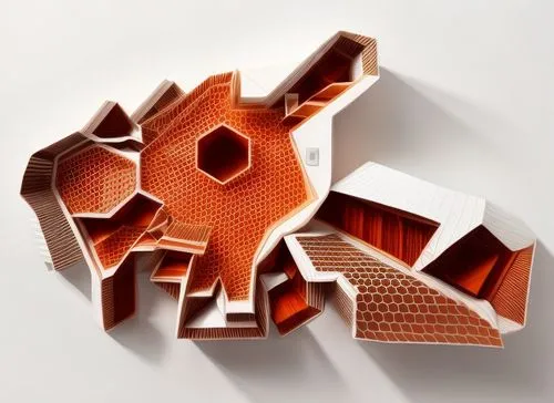 blend to a black background surrounding, add persimmon colour to image,  white honeycomb shape,building honeycomb,honeycomb structure,corrugated cardboard,mechanical puzzle,the laser cuts,trivet,terra