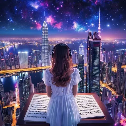 Sheet music playback、Colorful sheet music is played、Cute girl characters、 Night view from a high place、Drawing a large number of skyscrapers, Looking up at the starry sky. Surround her with colorful n