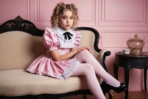 A young Lolita girl, 12-14 years old, latex clothing, puffy sleeves, lace-trimmed collar, pink and white striped stockings, black Mary Jane shoes, curly blonde hair, big brown eyes with thick eyelashe