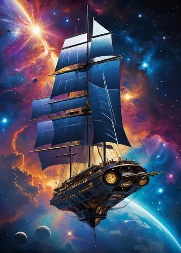 suspended in space, floating in space,  Metallic Braque ship, futuristic metal hull, with three or more masts and fore mast, mainmast and additional masts rigged square and only the aftmost mast rigge