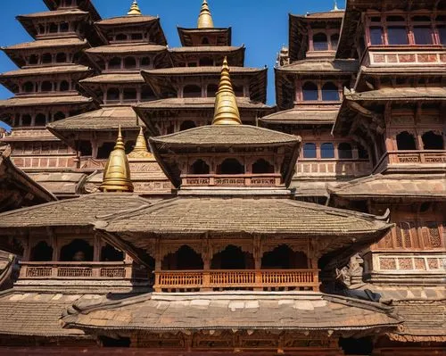 Traditional Nepalese architecture, ornate wooden carvings, intricate stone sculptures, pagoda-style temple, tiered roofs, golden finials, vibrant colors, Patan Durbar Square, Kathmandu Valley, sunny d