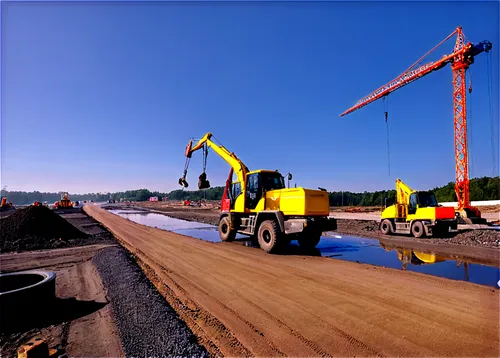 Construction site, daytime, sunny weather, blue sky with white clouds, multiple cranes, yellow excavators, red dump trucks, workers in orange vests, hard hats, steel beams, concrete pillars, scaffoldi