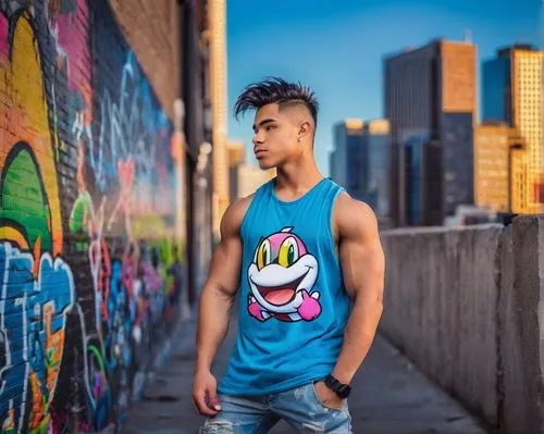 Dylan Camacho, muscular man, 25yo, short spiky hair, strong facial features, athletic build, sleeveless shirt, ripped jeans, black boots, confident posture, leaning against, graffiti wall, urban citys