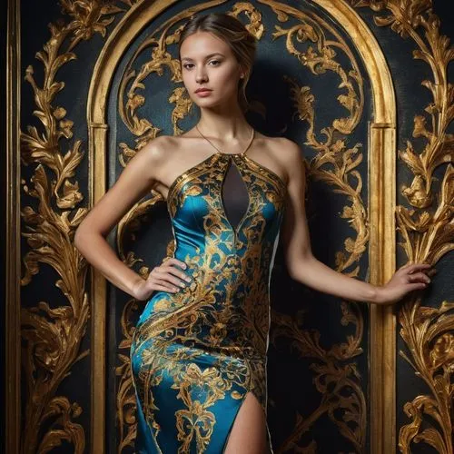 evening dress,elegance,elegant,blue dress,dark blue and gold,gold leaf,cleopatra,sheath dress,ukrainian,gold lacquer,cocktail dress,oriental princess,royal lace,harpist,baroque,miss vietnam,jasmine blue,gold filigree,rococo,ornate,Female,Eastern Europeans,Disheveled hair,Youth adult,M,Mini Skirt,Outdoor,Forest