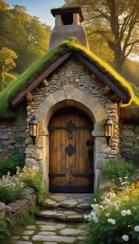 fairy door,hobbiton,springhouse,small house,little house,garden door,wooden door,cartoon video game background,the threshold of the house,nargothrond,wishing well,fairy house,beautiful home,home landscape,stone gate,country cottage,world digital painting,cottage,traditional house,miniature house,Art,Classical Oil Painting,Classical Oil Painting 01