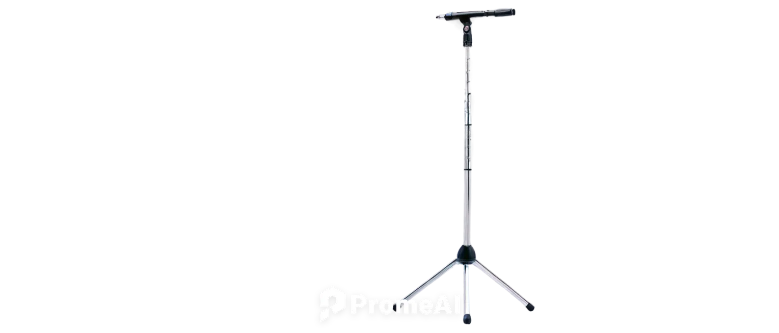 Metal microphone stand, adjustable height, tripod legs, silver body, black accents, rounded base, thin rod, microphone clip, solo, close-up, 3/4 composition, soft lighting, shallow depth of field, war