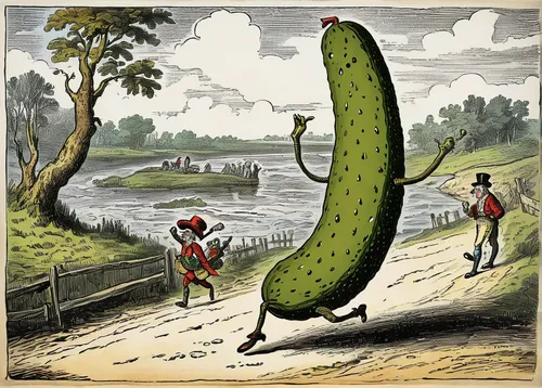 Create a funny cartoon where a pickle comes to life and goes on mischievous adventures.,west indian gherkin,horn cucumber,armenian cucumber,courgette,prussian asparagus,cucumber,zucchini,pointed gourd