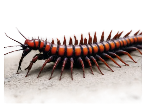 Close-up, centipede, many legs, dark brown body, segmented exoskeleton, beady eyes, pair of antennae, sharp mandibles, moist skin, detailed texture, shallow depth of field, soft focus, warm lighting, 