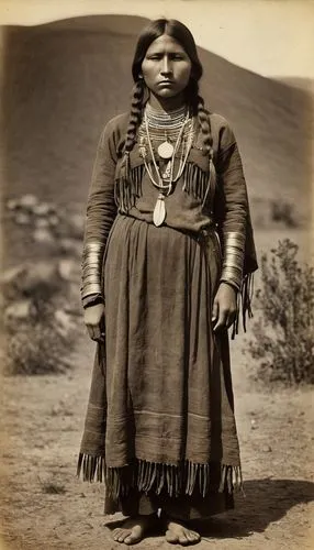 native comanche girl posing, 1500s real photograph, apache indians, light-skinned bodies, burned edges, large breasts, young face,  sepia,  (randomized facial structure), in the open plains,an native 