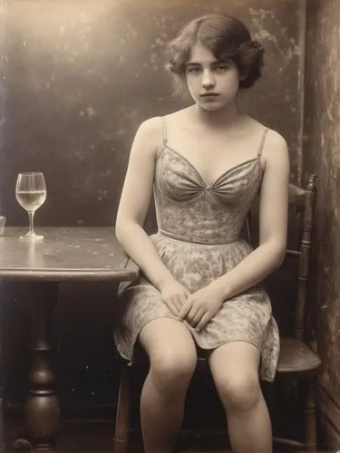 Young entertainer in a Parisian nightclub. Make the motif look like a French impressionist photograph, as if she had been photographed by Nadar.,the girl sits with a wine glass in her lap,vintage fema