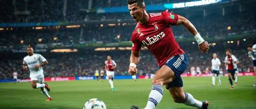 Cristiano Ronaldo, soccer player, athletic build, muscular legs, strong chest, determined facial expression, short spiky hair, piercing eyes, sweaty skin, jersey number 7, white sleeves, dark blue sho