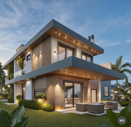 Architecture Design,a house in the evening with plants around it,modern house,3d rendering,tugun,florida home,kahala,fresnaye,Photography,General,Realistic