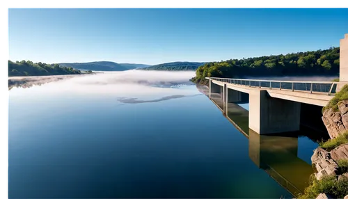 Dam, concrete structure, modern architecture, water flowing, mist surrounding, blue sky, sunlight reflecting off water, 3/4 composition, panoramic view, high angle shot, realistic texture, detailed st