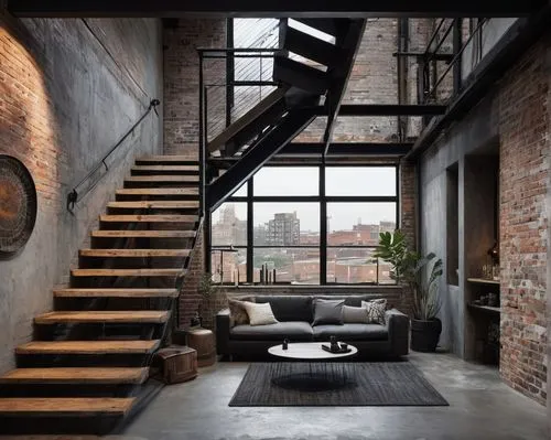 Industrial style interior, modern loft, concrete floor, exposed brick wall, metal beams, minimalist decor, functional furniture, reclaimed wood accents, Edison bulb lighting, industrial pipe shelving,