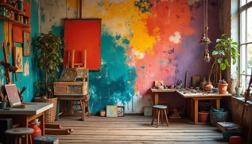 painted wall,color wall,watercolor cafe,creative office,bohemian art,athens art school,wall paint,colori,watercolor shops,children's interior,atelier,working space,palette,artist color,study room,wall painting,art academy,paintbox,work space,children's room,Photography,General,Realistic