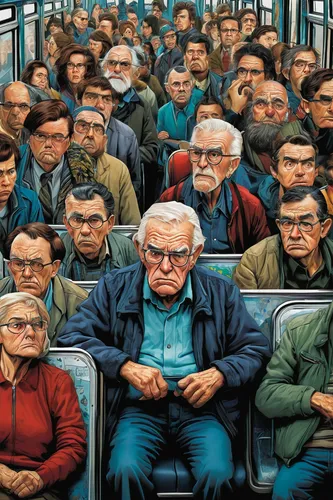 audience,the bus space,pensioners,men sitting,people reading newspaper,train seats,elderly people,cartoon people,rows of seats,crowd of people,crowded,crowds,train of thought,people,reading glasses,people talking,popular art,crowd,spectacle,buses,Illustration,American Style,American Style 08