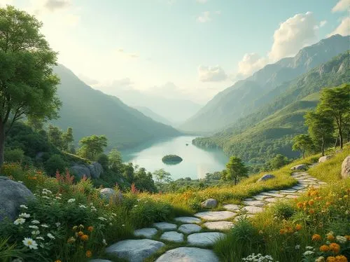 fantasy landscape,cryengine,landscape background,alpine landscape,the valley of flowers,beautiful landscape,full hd wallpaper,rendalen,rivendell,gondolin,meadow landscape,mountain meadow,salt meadow landscape,hiking path,nature landscape,crytek,beauty scene,mountain valley,the mystical path,idyll,Photography,General,Realistic