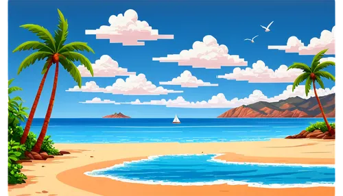 beach landscape,beach scenery,tropical beach,beach background,ocean background,dream beach,cartoon video game background,tropical sea,landscape background,summer background,paradise beach,ocean paradise,tropical island,mountain beach,caribbean beach,seaside resort,beautiful beach,an island far away landscape,retro background,background vector,Illustration,Realistic Fantasy,Realistic Fantasy 45