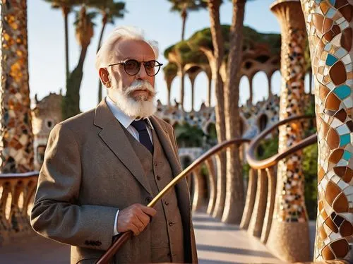 Antoni Gaudí, father of modernist architecture, standing, aged 60s, white beard, glasses, brown suit, holding a cane, Barcelona, Casa Batlló, Park Güell, mosaic benches, twisted columns, intricate iro