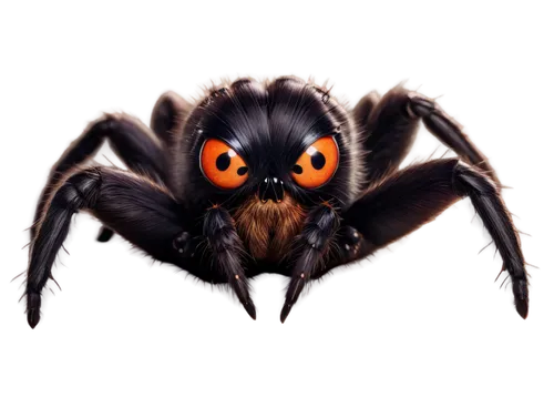 Huge scary spider, dark brown body, eight eyes, sharp fangs, hairy legs, crawling, close-up facial expression, 3D realistic texture, detailed eyes with pupils, shiny black carapace, soft box lighting,