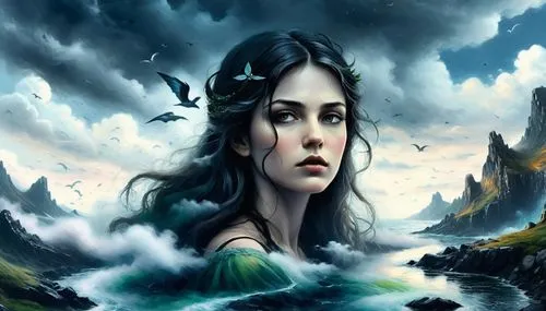 a painting of a woman with long dark hair in the ocean surrounded by birds and rocks,amphitrite,fathom,hecate,sirene,naiad,sirenia,Illustration,Realistic Fantasy,Realistic Fantasy 25