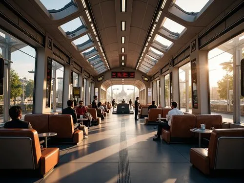 Vibrant train station, streamline moderne architecture, curved lines, stainless steel accents, polished chrome details, rich wood tones, luxurious leather seats, sophisticated lighting fixtures, futur