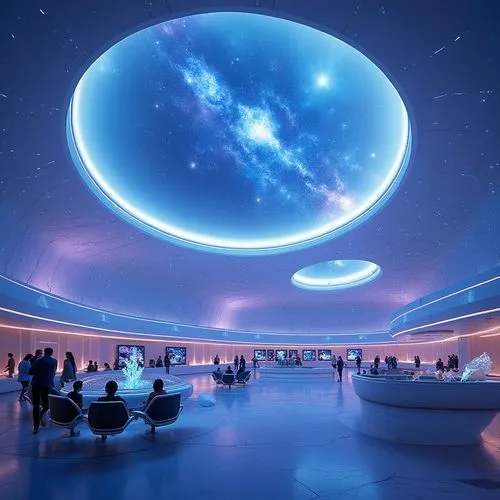 Futuristic planetarium interior, dome-shaped ceiling, polycarbonate panels with iridescent glow, geometric patterns, LED lights embedded, translucent walls, sleek metal beams, modern minimalist chairs