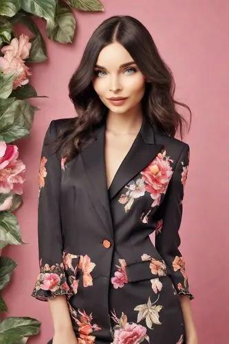 The image is a portrait of a young woman with shoulder-length brunette hair. She is wearing a black blazer and is standing against a pink background. The woman is looking directly at the camera with a