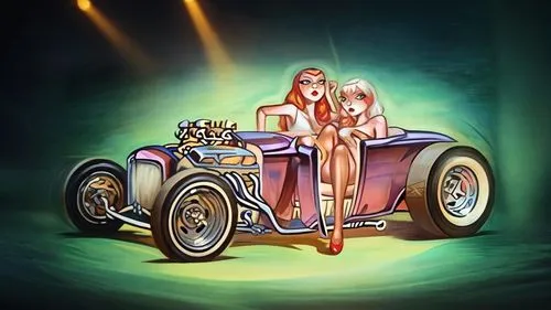 a drawing of a couple driving a sports car,hotrod car,muscle car cartoon,angelyne,automobile racer,opel record p1,hotrod