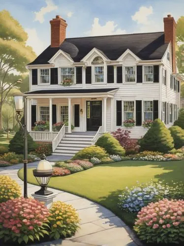 new england style house,hovnanian,home landscape,house painting,townhomes,country estate,townhome,houses clipart,beautiful home,landscaped,country house,house drawing,victorian house,dandelion hall,landscapist,landscaping,summer cottage,bloomingston,dreamhouse,large home,Art,Classical Oil Painting,Classical Oil Painting 28