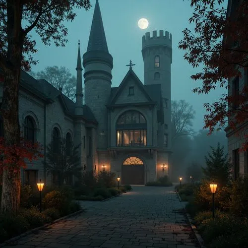 fairytale castle,fairy tale castle,haunted cathedral,haunted castle,witch's house,ghost castle,haunted house,fairytale,the haunted house,halloweenkuerbis,monastery,castle,fairy tale,halloween scene,gothic church,witch house,autumn fog,ravenloft,chateau,creepy house