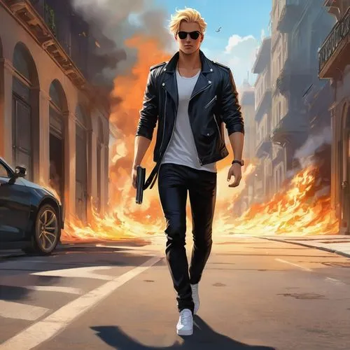 strider,jace,wesker,shadman,world digital painting,hauer,sci fiction illustration,hellstrom,fire background,cody,reiner,carmack,walking man,budinger,boomhauer,herminator,quicksilver,rioter,gerome,rhydian,Illustration,Realistic Fantasy,Realistic Fantasy 01