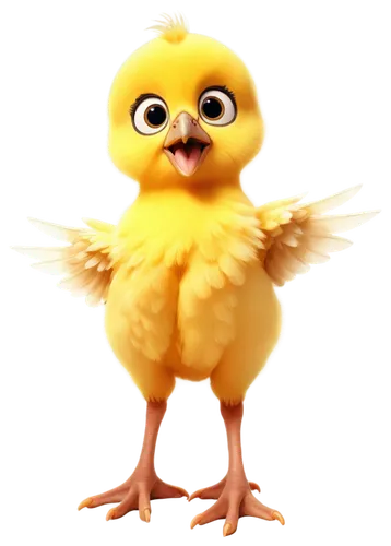 Yellow chick, cartoon style, solo, baby animal, fluffy feathers, big round eyes, small beak, wings spread wide, standing on one leg, cute expression, pastel colors, soft shading, simple background, 3/