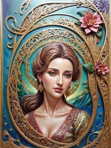 art nouveau frame,art nouveau,art nouveau frames,rosa ' amber cover,art nouveau design,gold foil art,fairy tale character,copper frame,boho art,fantasy portrait,zodiac sign libra,tea tin,radha,art deco frame,oil painting on canvas,jasmine,mystery book cover,faery,gold foil art deco frame,celtic queen