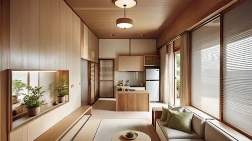 This design shows the living room and kitchenette in the spring Japanese style hot spring hotel suite that combines Japanese style with Puli culture. The main colors are teak wood and milk tea tones, 