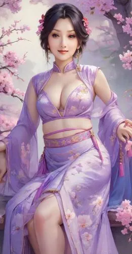 beautiful young woman 19 years old wearing chinese traditional costume in violet and purple color, big boobs, H-cup, short neck,  happy face, smiling,  elegant posture, blossom flowers in background,j