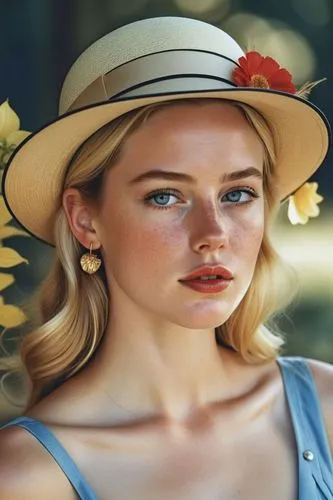 Close-up portrait of a young woman with striking features, displaying a thoughtful or introspective expression. Her face is highlighted by bright blue eyes, red lipstick, and delicate freckles dusting