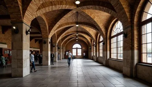 Rustic metro station, Romanesque arches, ornate stone carvings, sturdy brick walls, vaulted ceilings, grand entrance halls, imposing columns, intricate stonework patterns, warm earthy tones, natural l