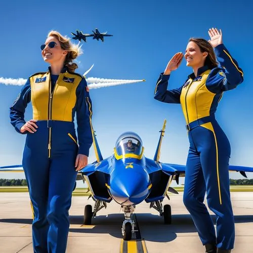 Two girls in front of one F-18, a bird´s eye wide angle view a two F/A 18 Jet Fighter of the Navy Blue Angels Aerobatics Team with yellow number 2 and 3 on fin standing 20 m side by side on a huge U.S