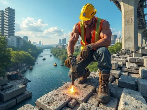 Granite blocks, bridge pillars, strong masculine construction worker, yellow hard hat, reflective vest, gloves, rugged boots, holding drill machine, drilling into granite, sparks flying, sunny day, bl