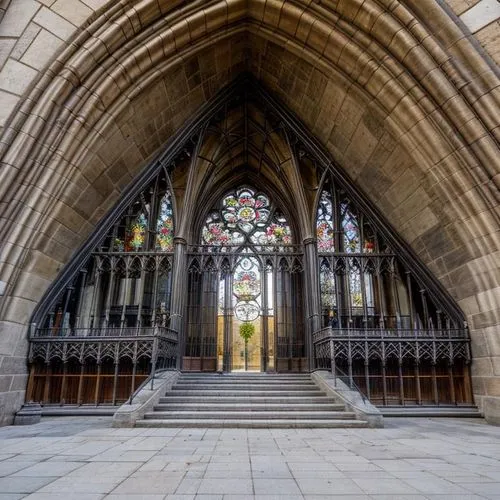 the interior of a large stone church,pointed arch,three centered arch,transept,buttresses,buttressing,buttressed,Architecture,Commercial Building,European Traditional,Spanish Gothic