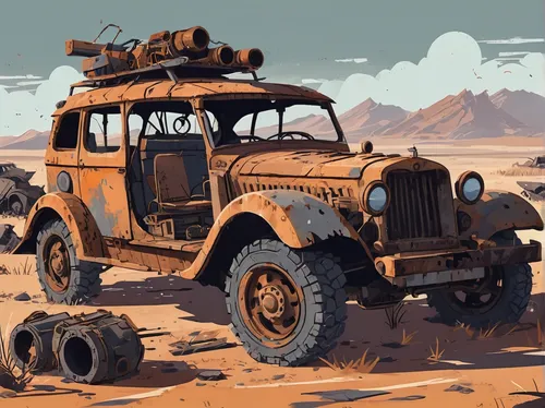 gaz-53,land-rover,willys-overland jeepster,ural-375d,half track,desert safari,willys jeep,desert run,retro vehicle,land rover series,willys jeep truck,jeep cj,off-road car,land vehicle,old vehicle,mad max,rust truck,dodge m37,off-road vehicle,military jeep,Illustration,Japanese style,Japanese Style 06