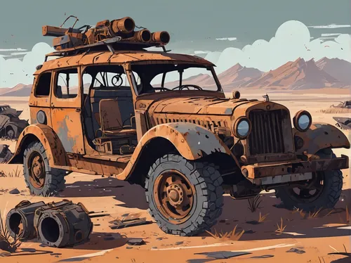 Construct a 3D car model set in a post-apocalyptic world, with rugged textures and rusty hues.,gaz-53,land-rover,willys-overland jeepster,ural-375d,half track,desert safari,willys jeep,desert run,retr