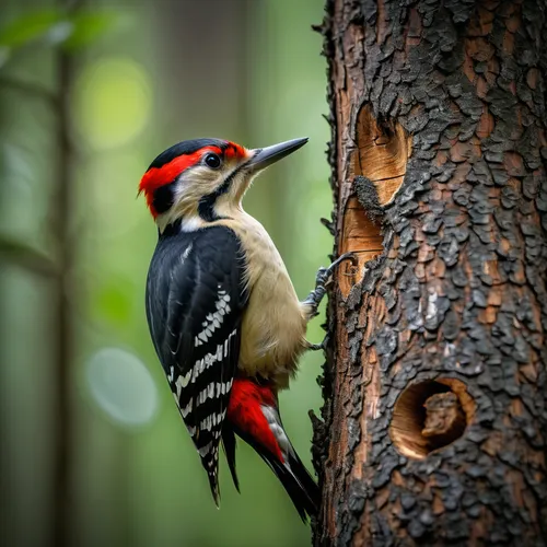 Woodpecker pecking at a tree trunk in a forest,woodpecker,woodpecker bird,great spotted woodpecker,pileated woodpecker,woodpecker finch,acorn woodpecker,flicker woodpecker,hairy woodpecker,downy woodp