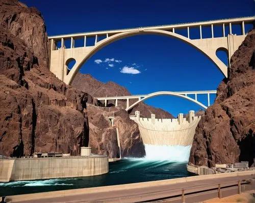 Hoover Dam, architectural wonder, Art Deco style, grand scale, concrete arch-gravity dam, Colorado River, Arizona-Nevada border, majestic water flow, turbulent whitewater, rugged rocky cliffs, blue sk