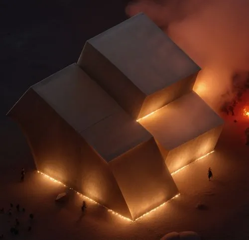 burning man,burning of waste,cube stilt houses,parookaville,3d render,knight tent,render,cubic house,campfire,shield volcano,cube house,soumaya museum,blockhouse,building rubble,3d rendering,burning house,beach tent,cube background,cinema 4d,fires,Photography,General,Realistic