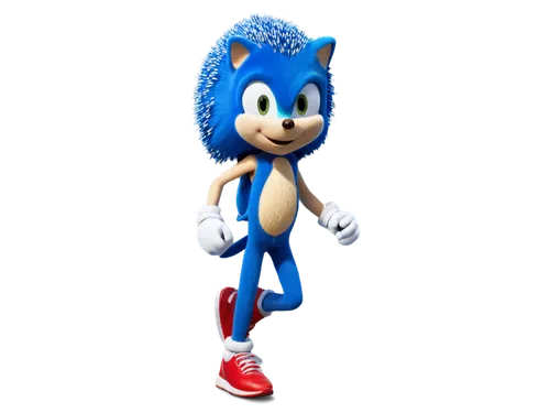 Blue anthropomorphic hedgehog, Sonic, solo, dynamic pose, running, fast movement, golden ring, red shoes, white gloves, blue spikes, bright blue eyes, smile, youthful energetic expression, 3/4 composi